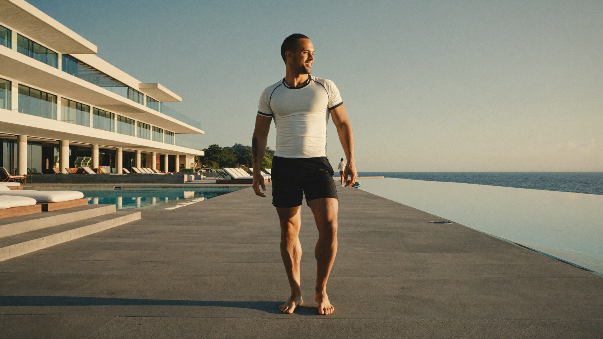 A relaxed, confident man at a sunny poolside, fully clothed