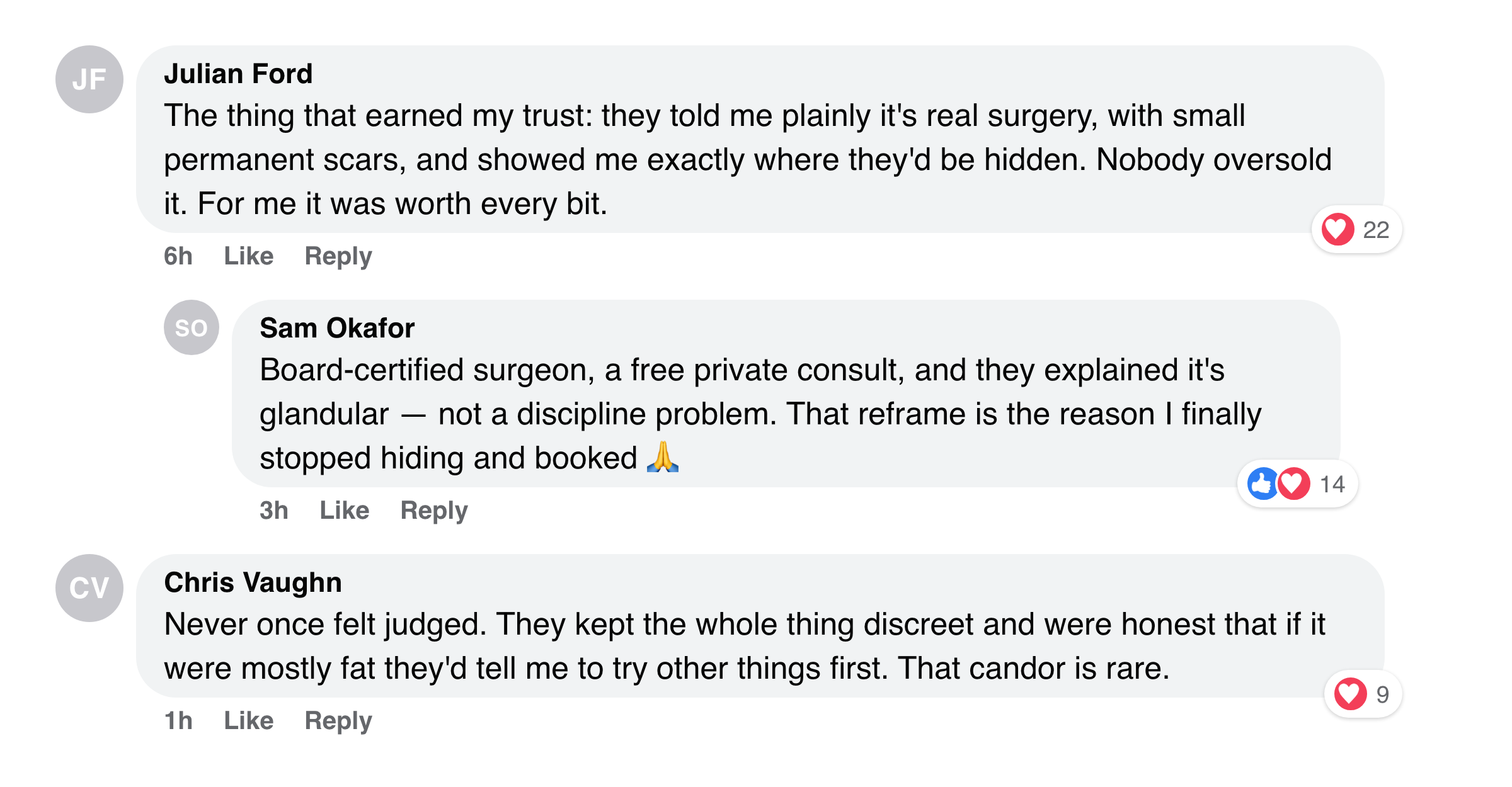 Facebook comments from men praising the honesty about small permanent scars and the discreet process