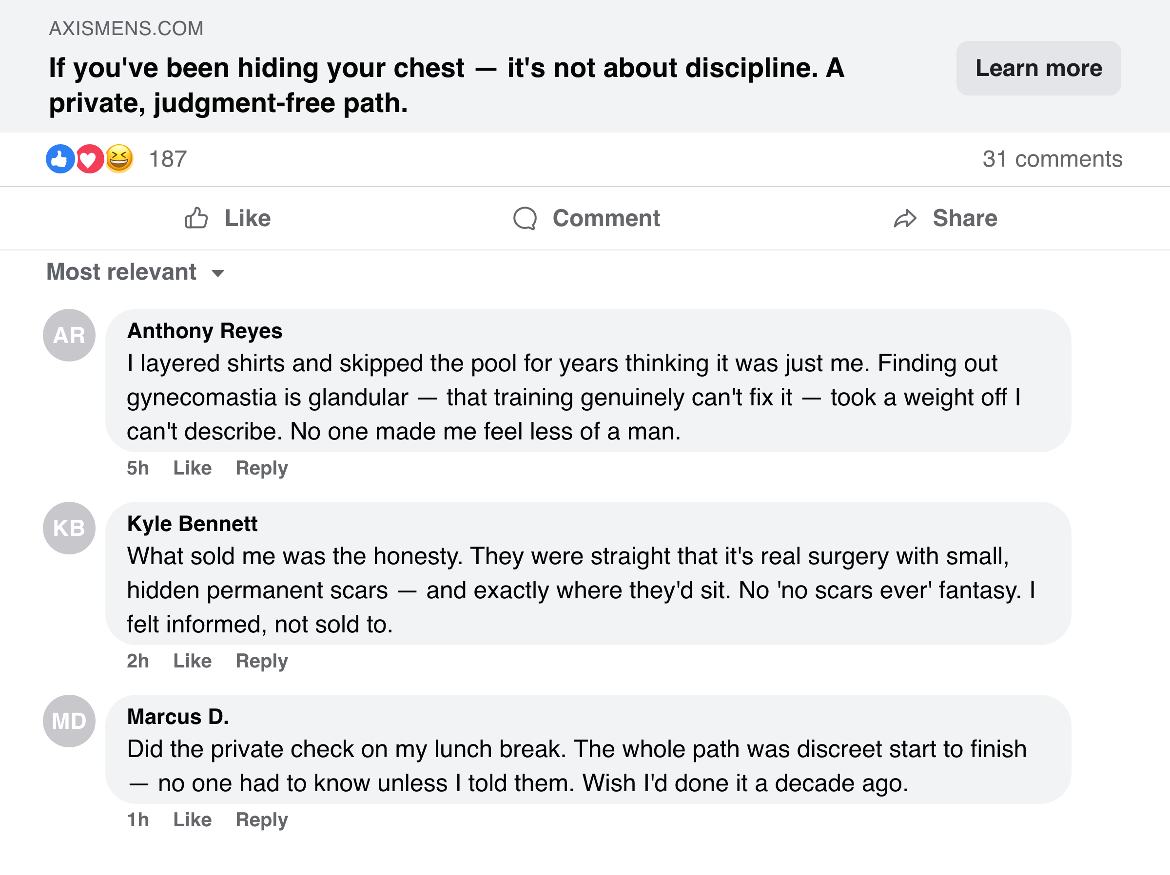Facebook post and comments from men about a discreet, judgment-free path and the relief-of-blame reframe