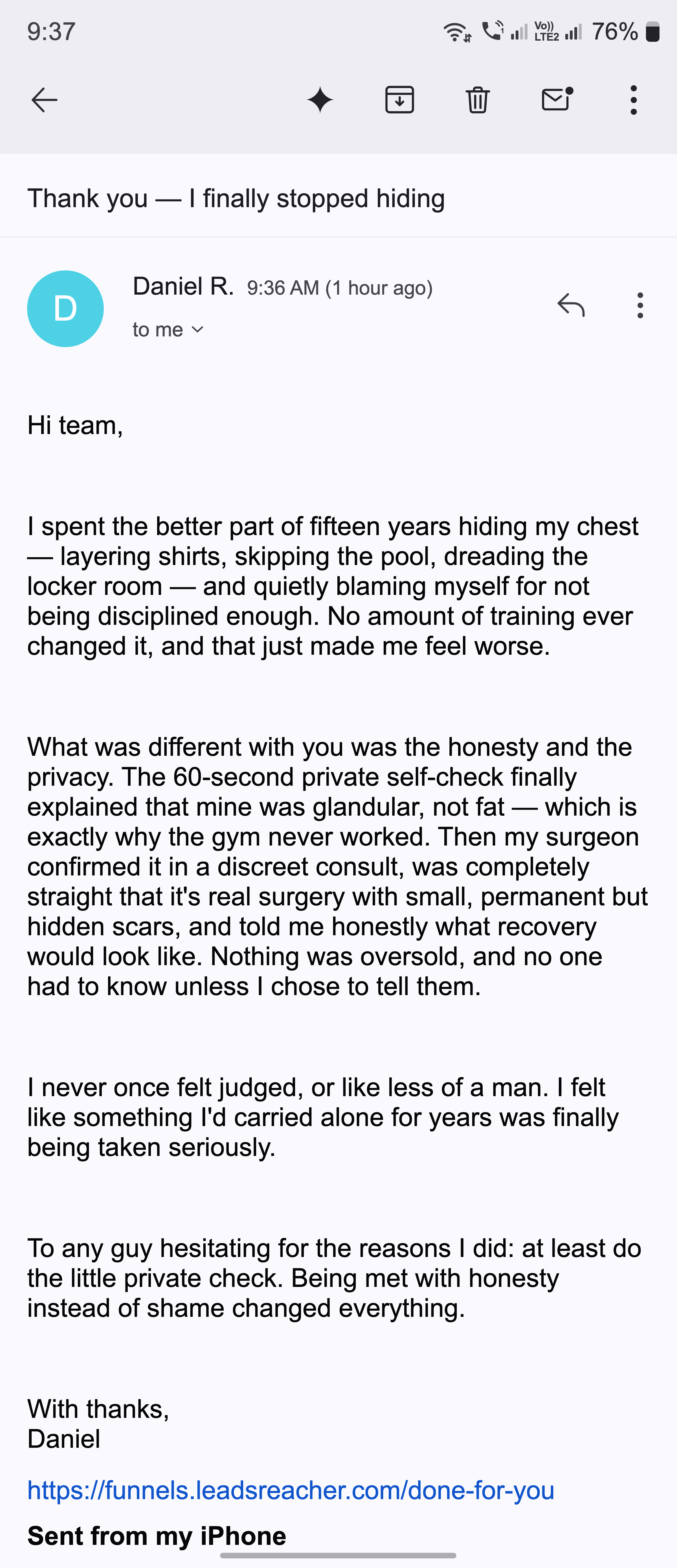 A thank-you email from a man who finally stopped hiding after an honest, private consult