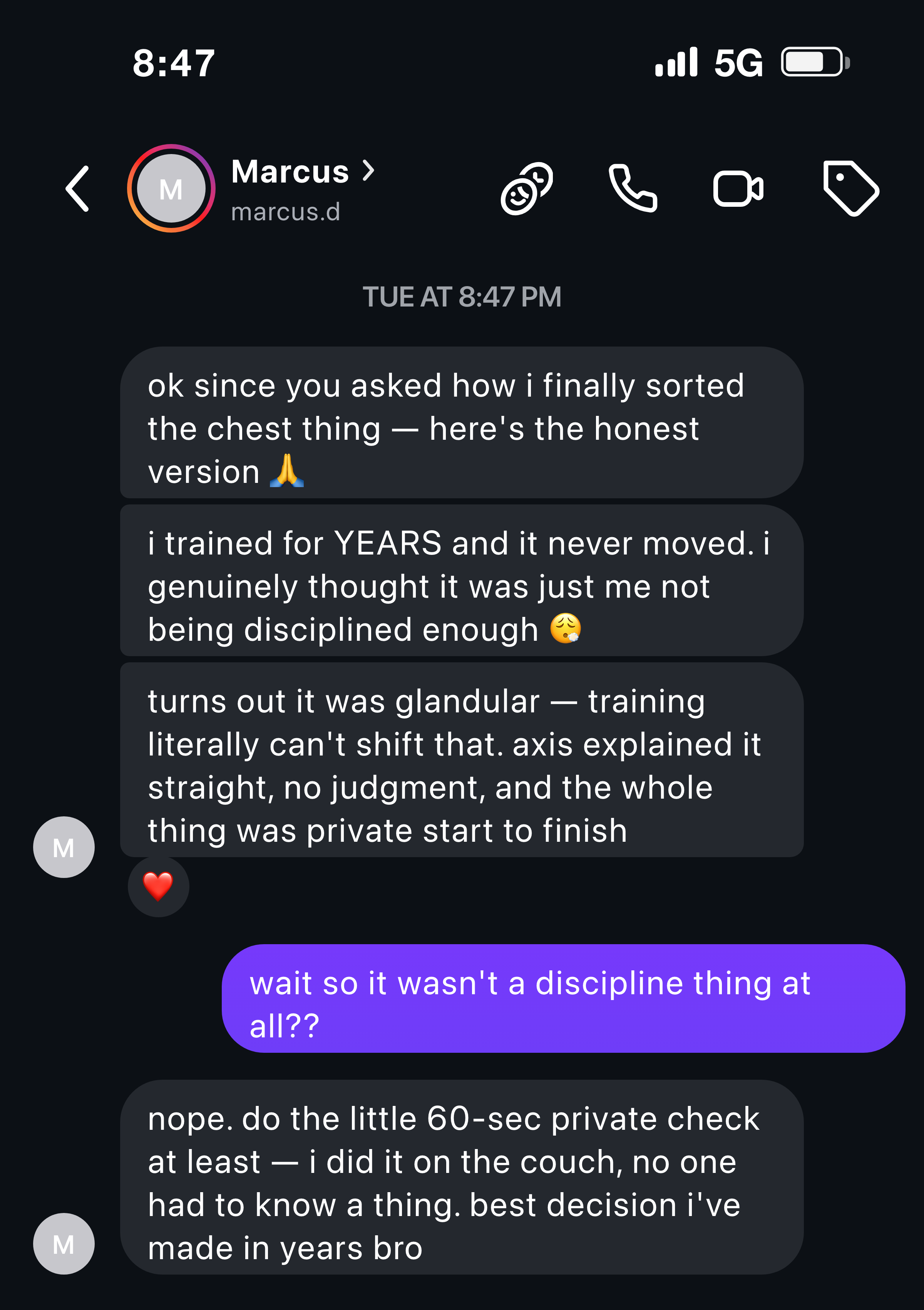 Instagram message from a man who learned his chest was glandular, not a discipline problem, and did the private self-check