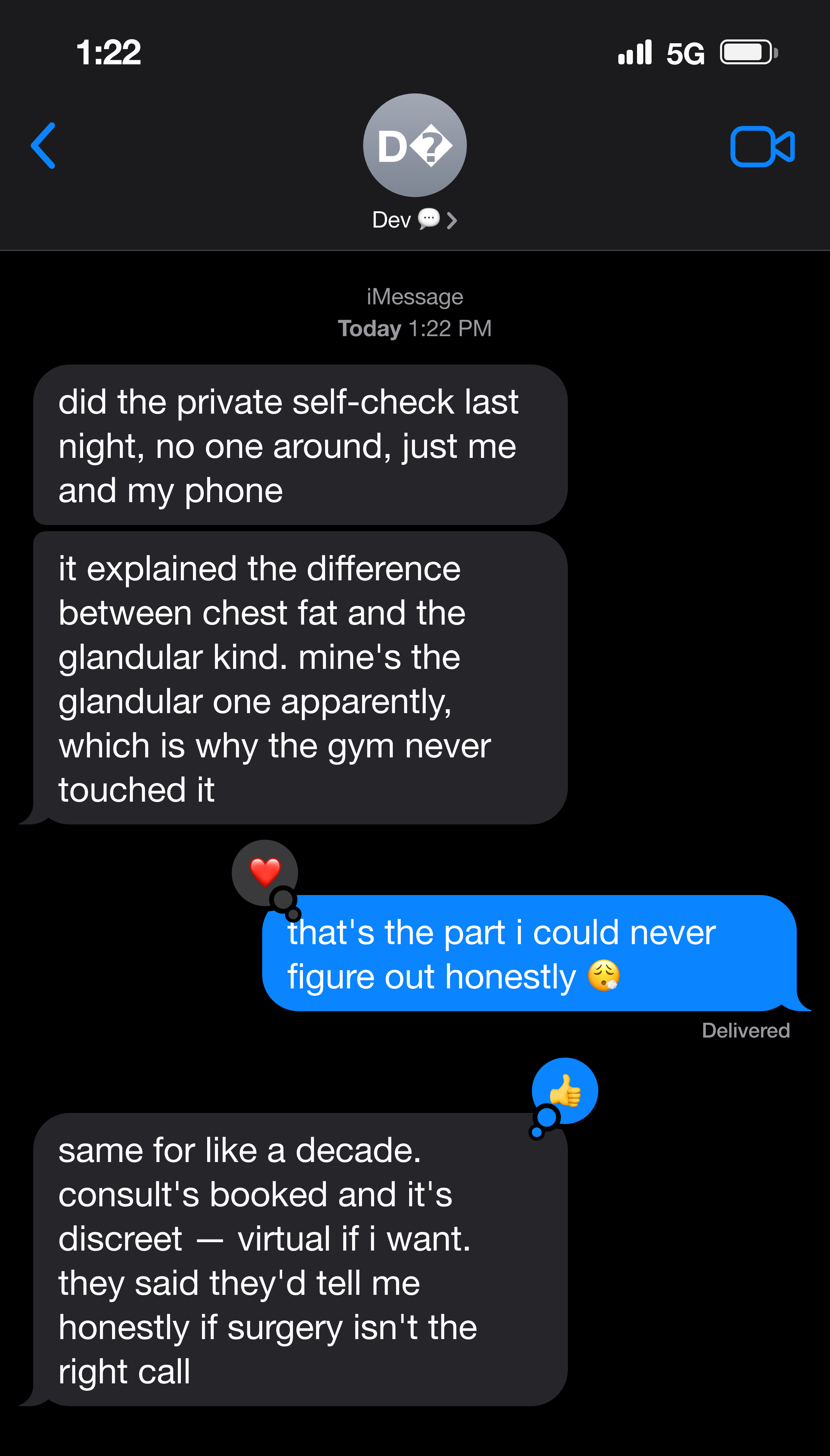 Text message from a man who did the private self-check and learned why the gym never fixed his chest