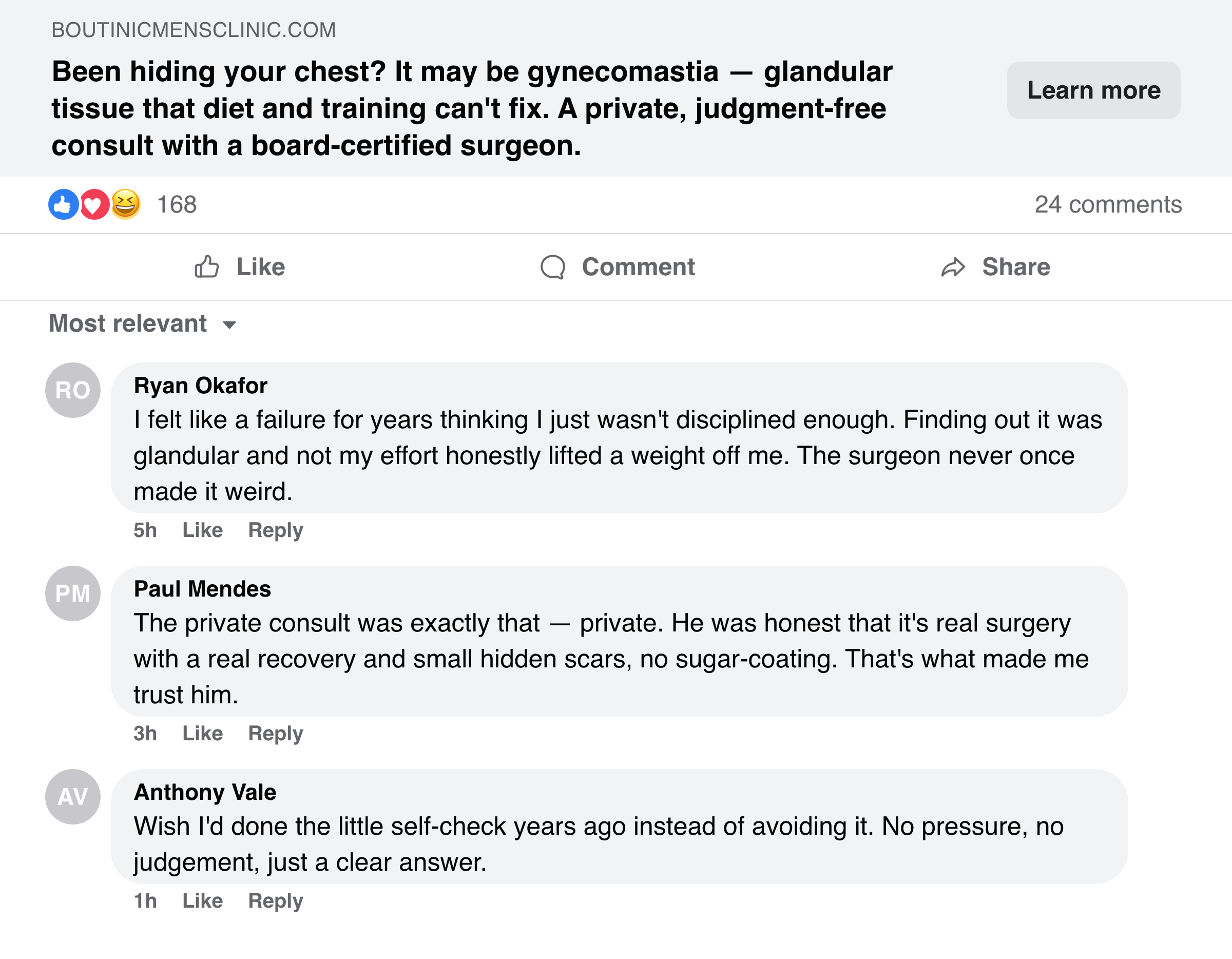 Facebook post about gynecomastia being glandular, with men sharing relief-of-blame