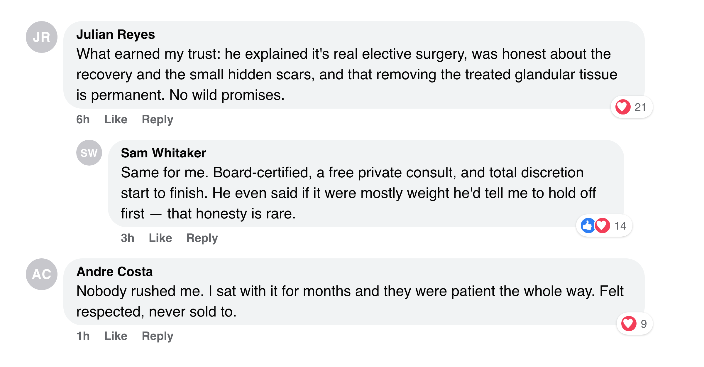Facebook comments about honesty on real surgery, small scars, and discretion