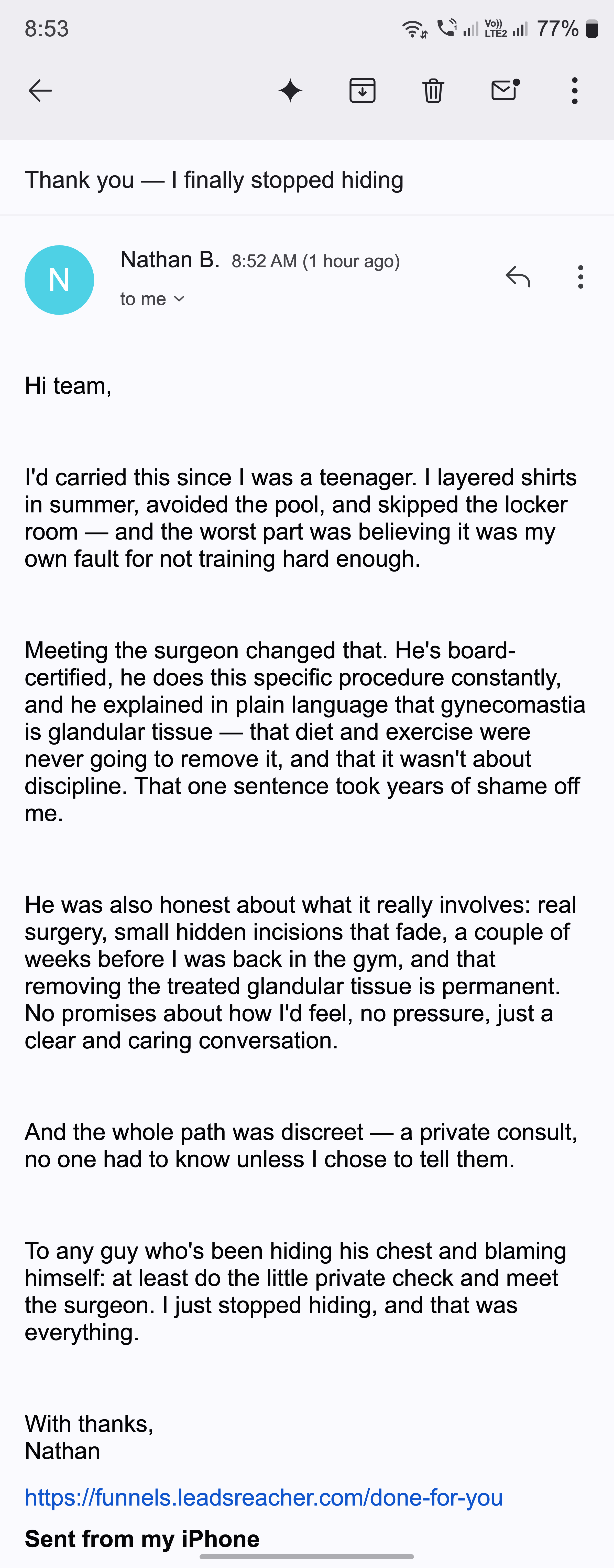A thank-you email from a man who finally stopped hiding his chest