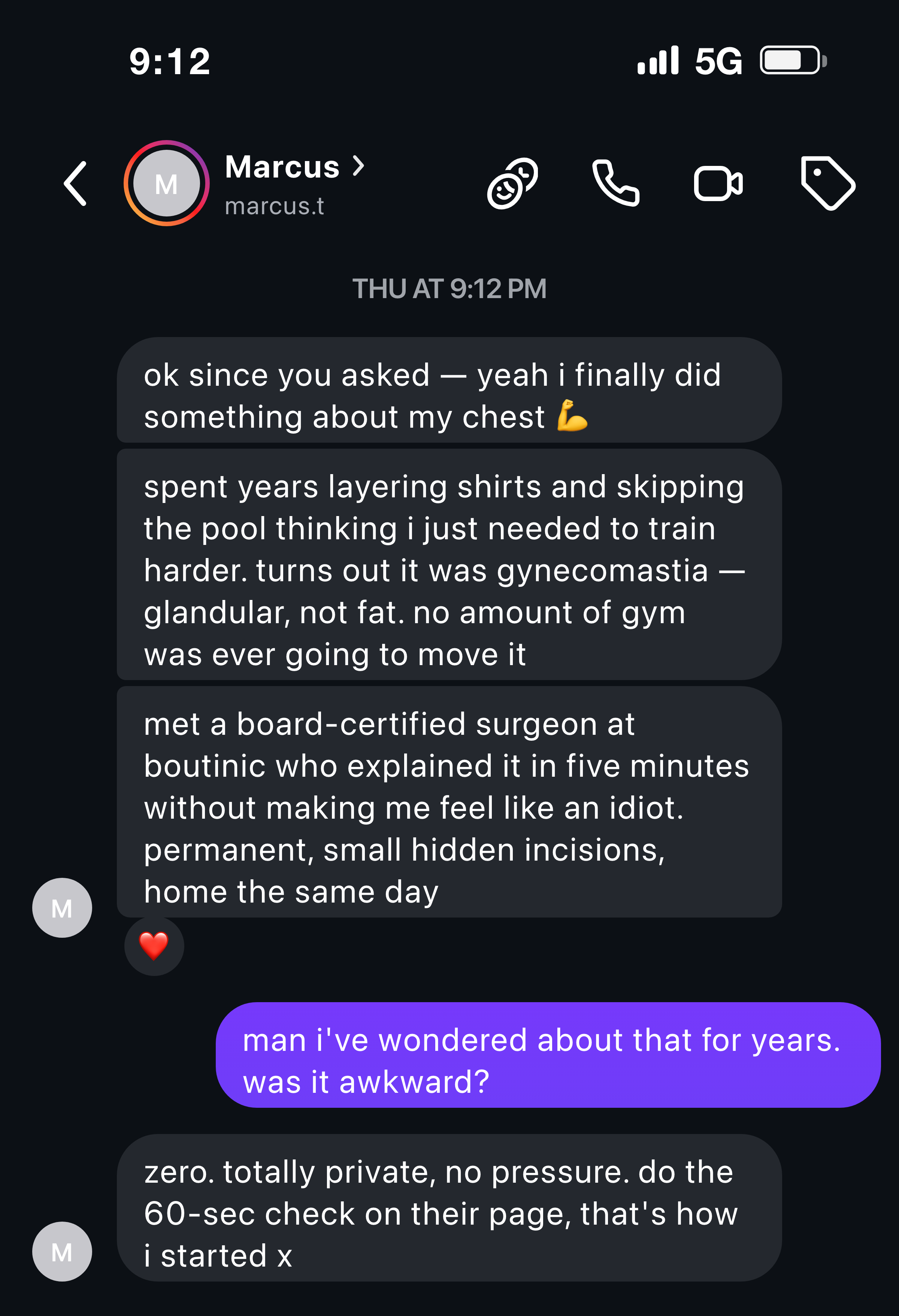 Instagram message from a man explaining it was glandular, not effort, and the path was private