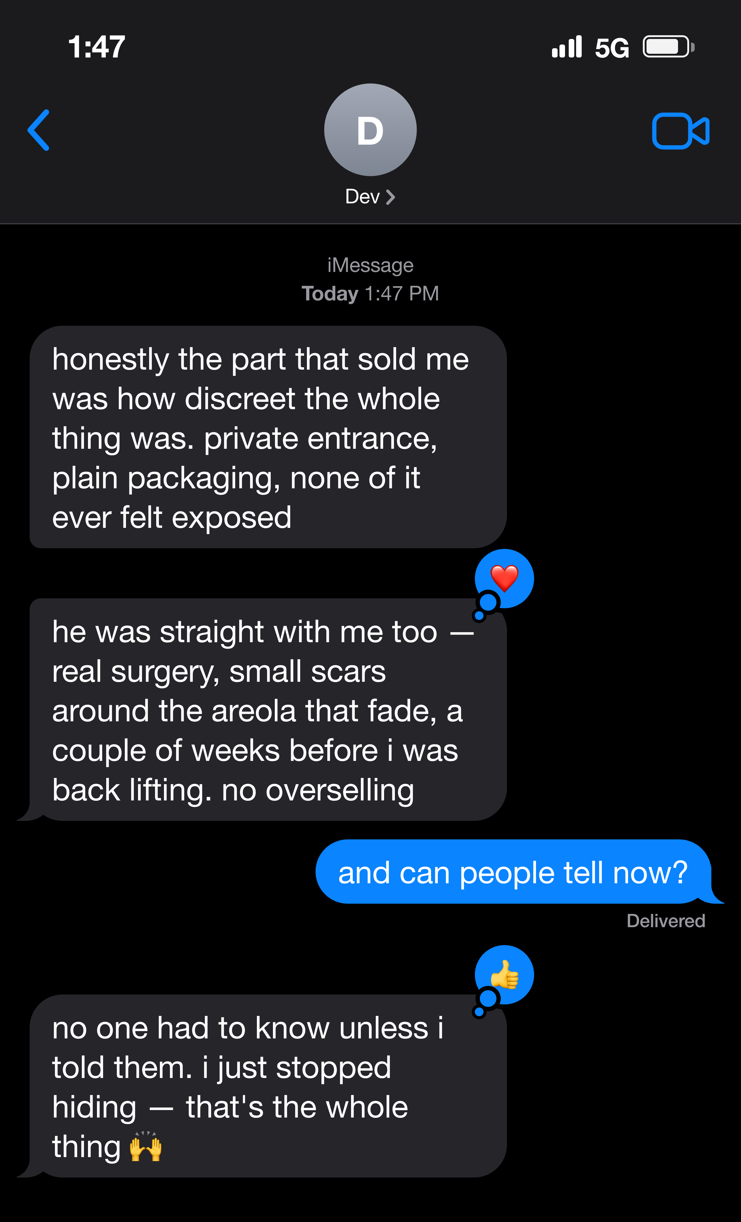 Text messages about how discreet the whole process was and honest scars