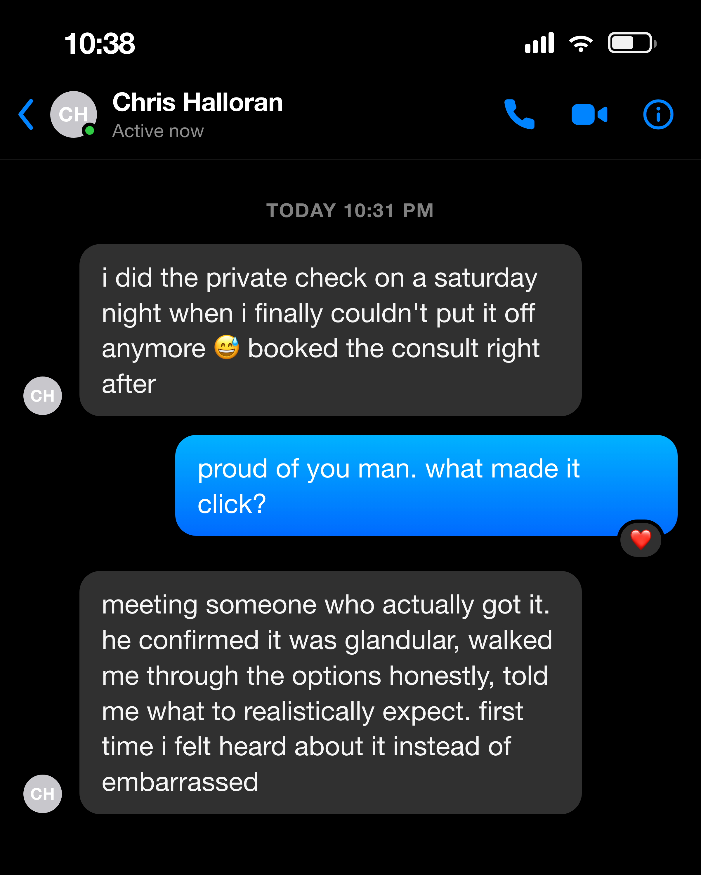 Messenger note from a man who felt heard after the private self-check