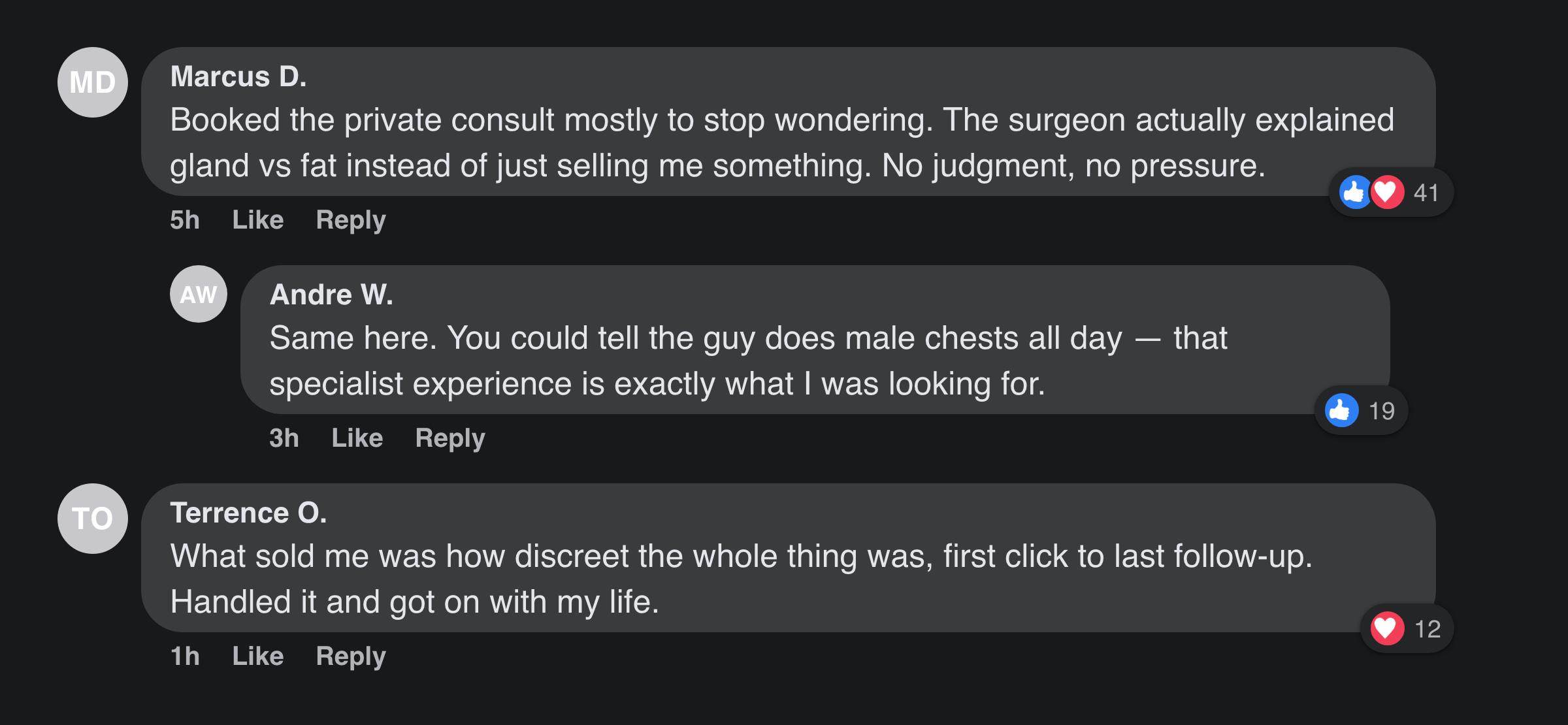Facebook comments from men about a discreet, judgment-free gynecomastia consultation and specialist authority