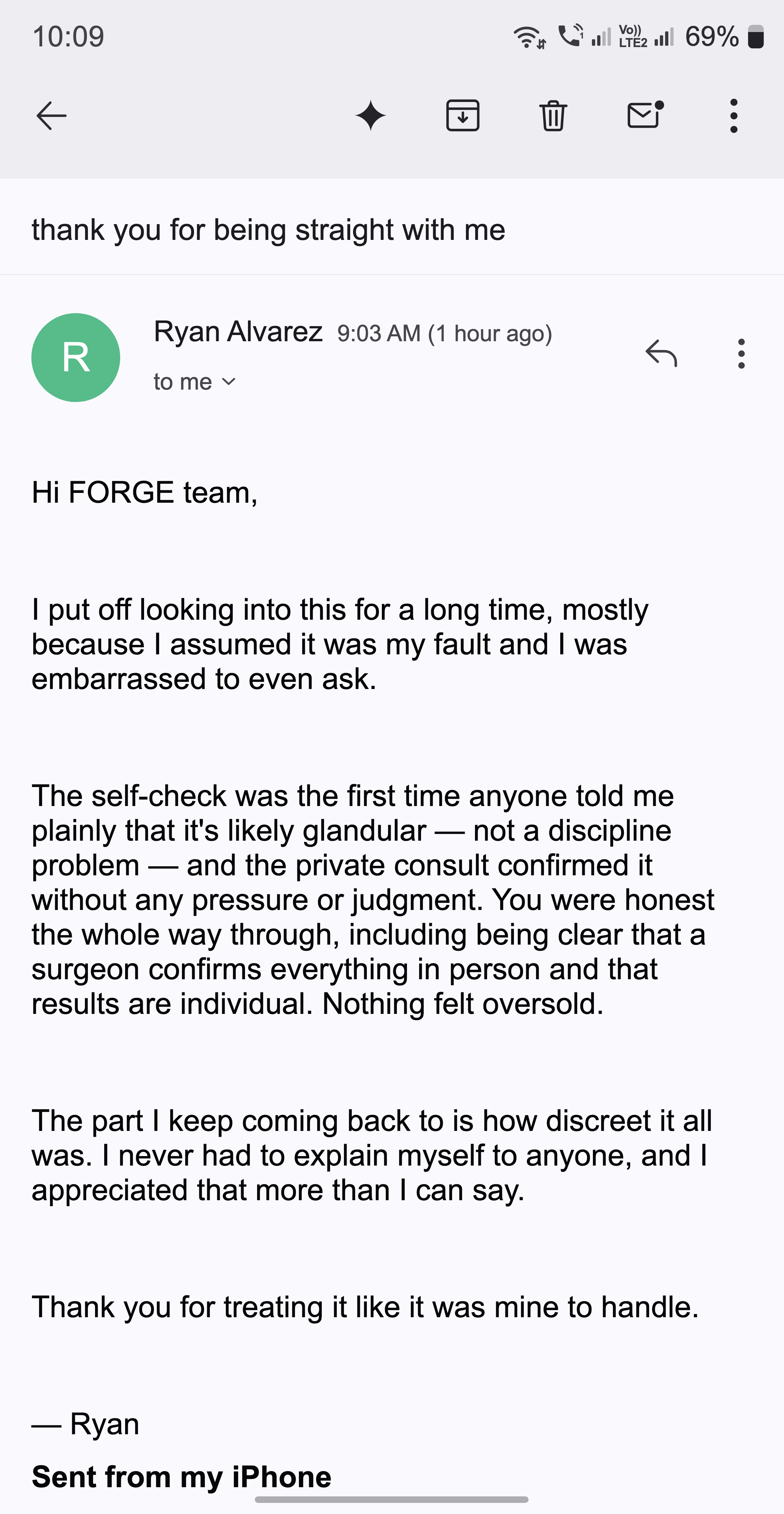 A thank-you email from a man who was told honestly what was going on and felt heard