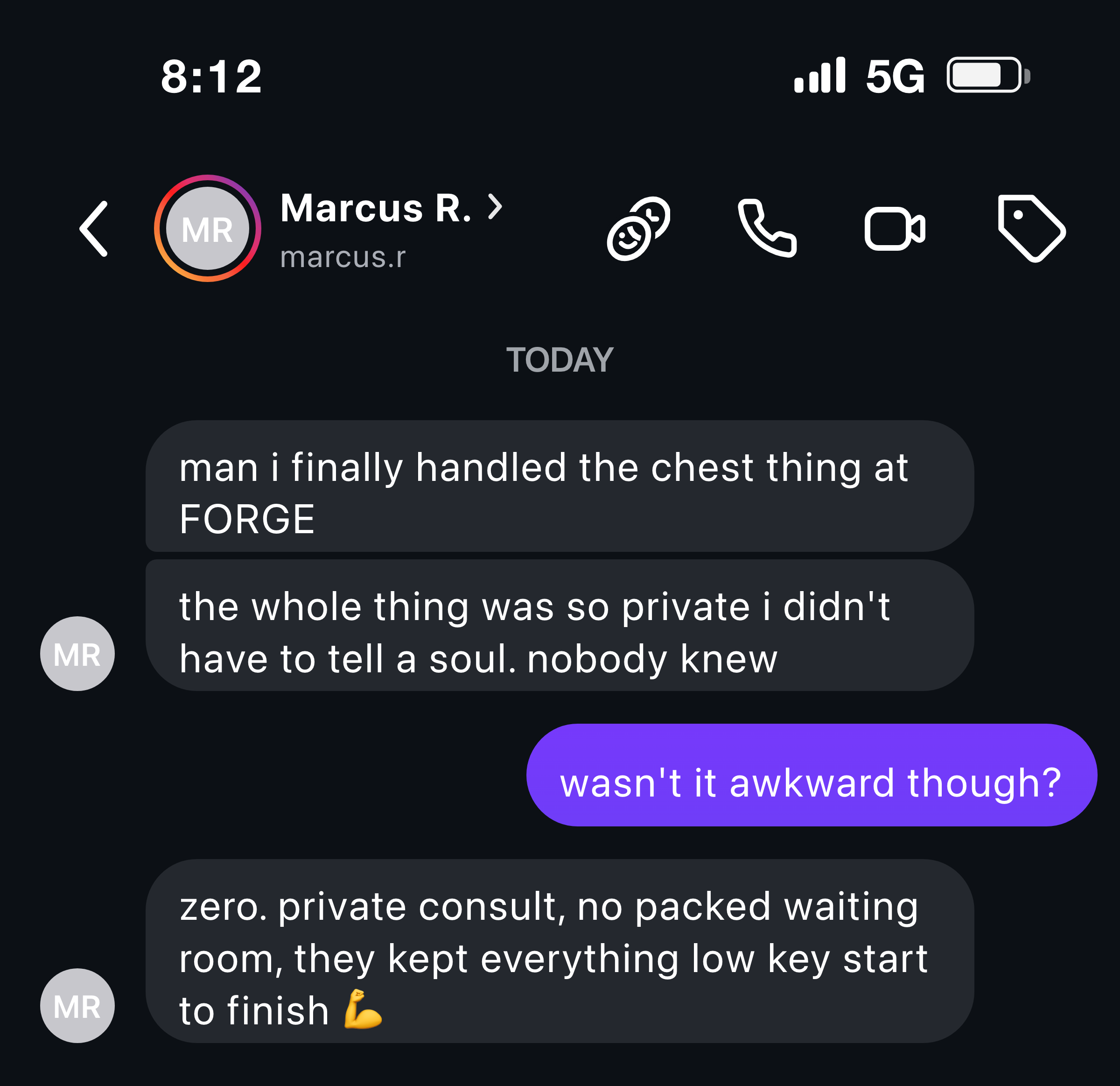 Instagram message from a man about how private and discreet the whole gynecomastia process was