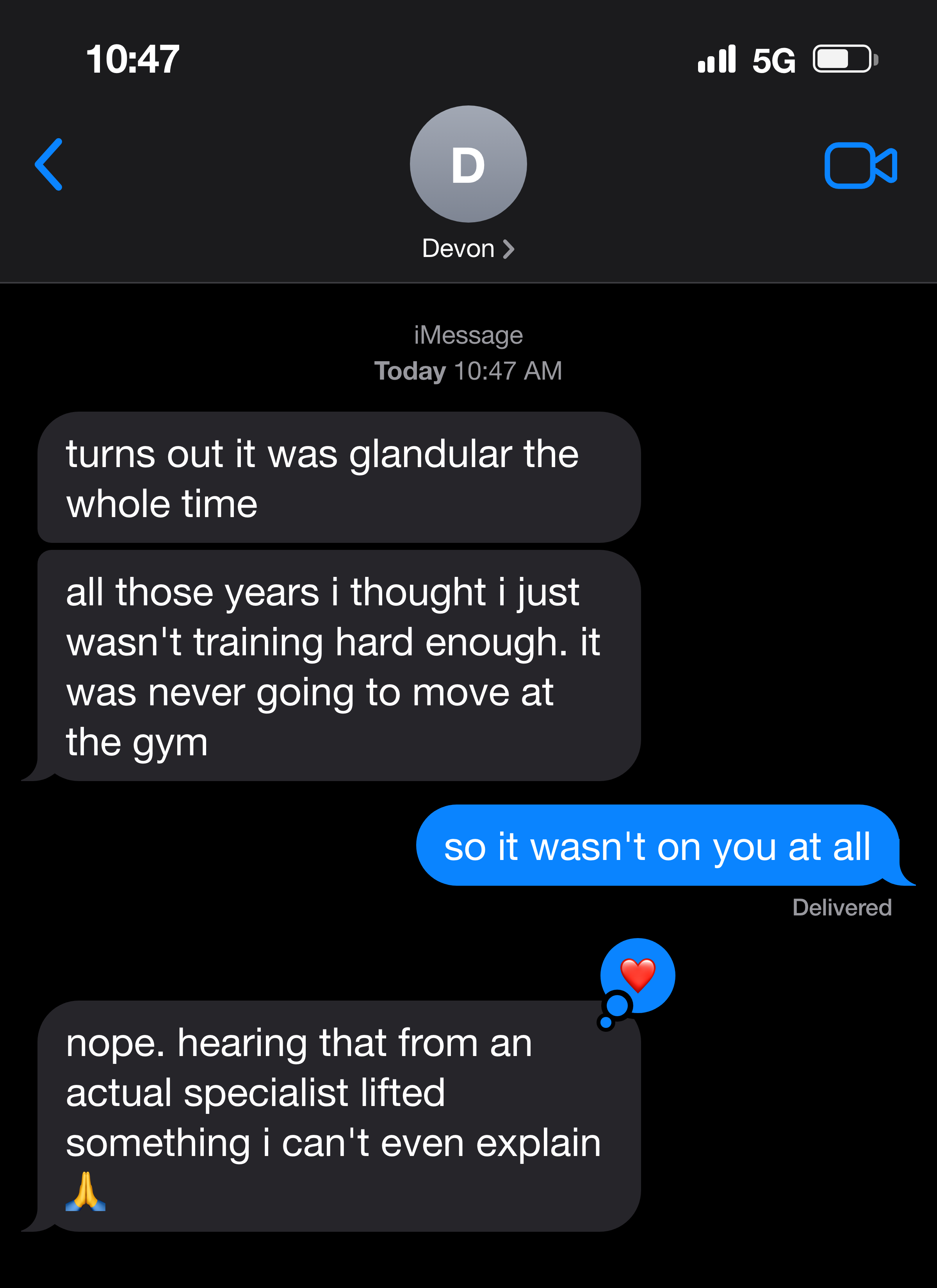 Text message from a man about the relief of learning his chest was glandular, not a discipline failure