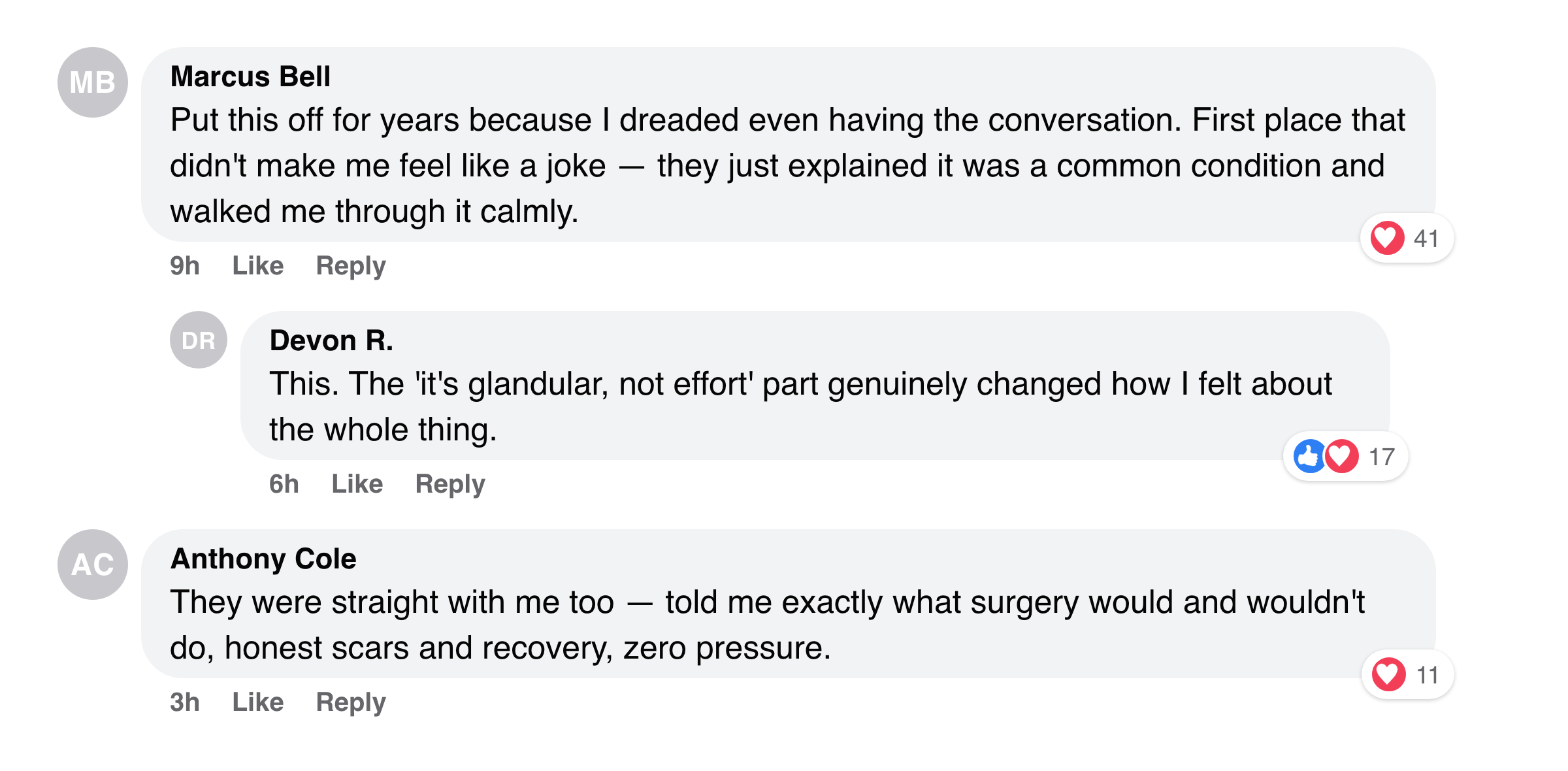 Facebook comments about finally feeling heard and not judged