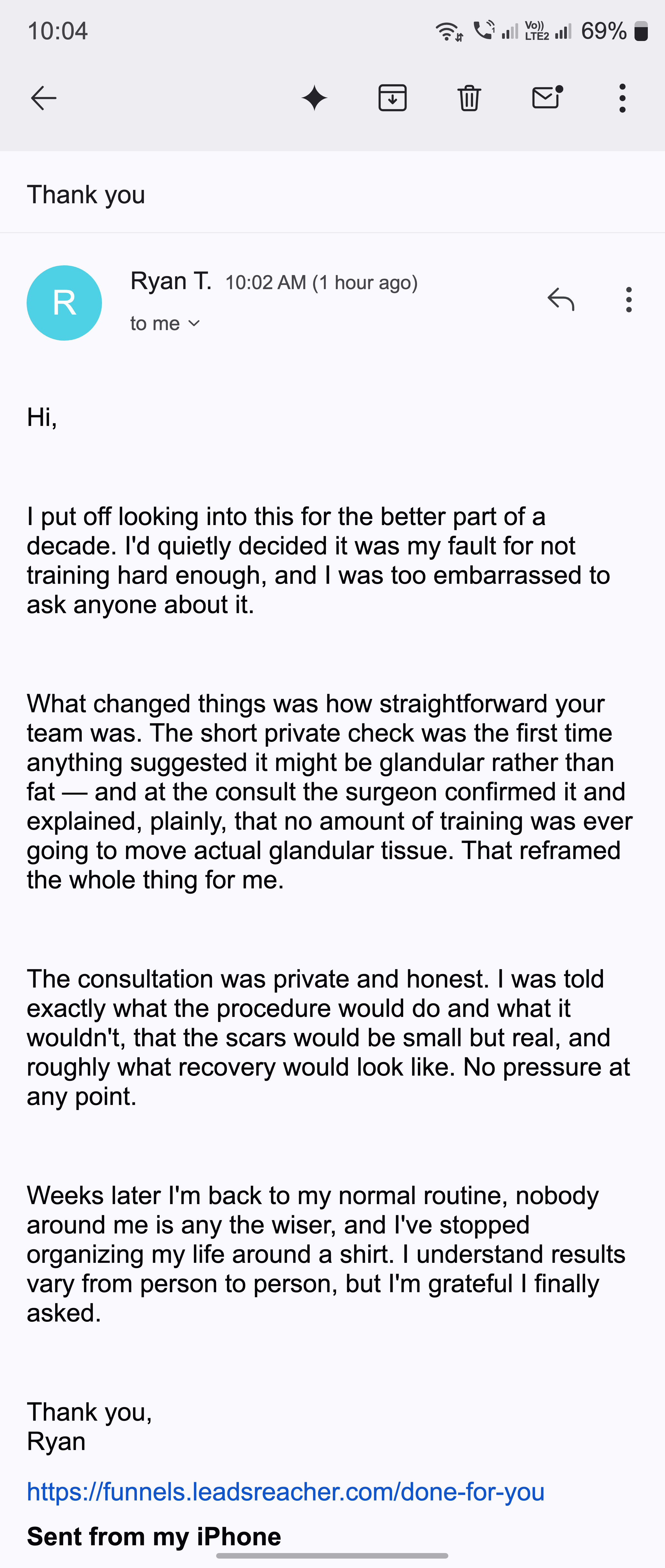 A thank-you email about an honest, no-pressure consultation