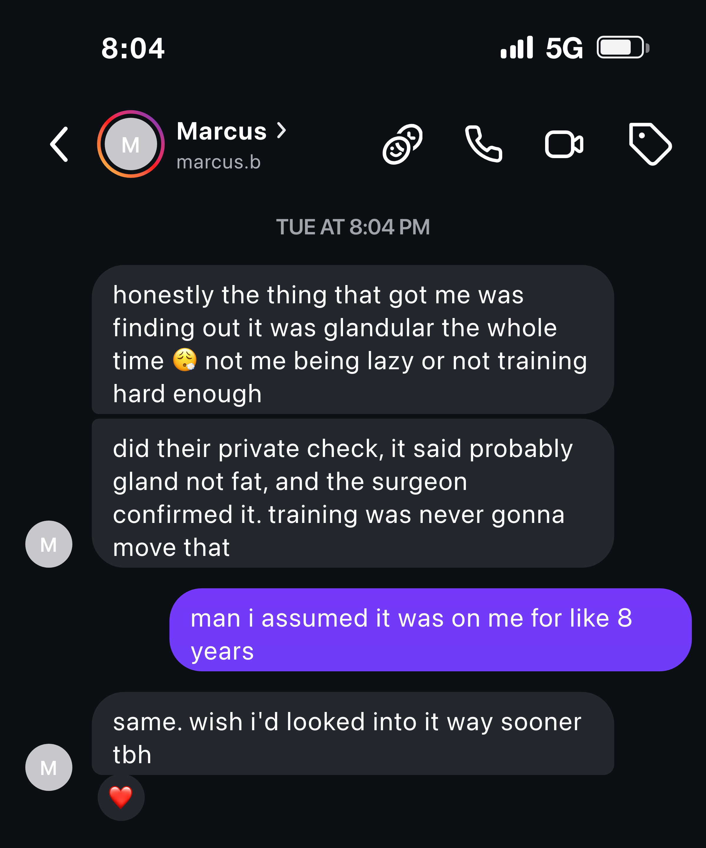 Instagram message about learning it was glandular, not a lack of effort