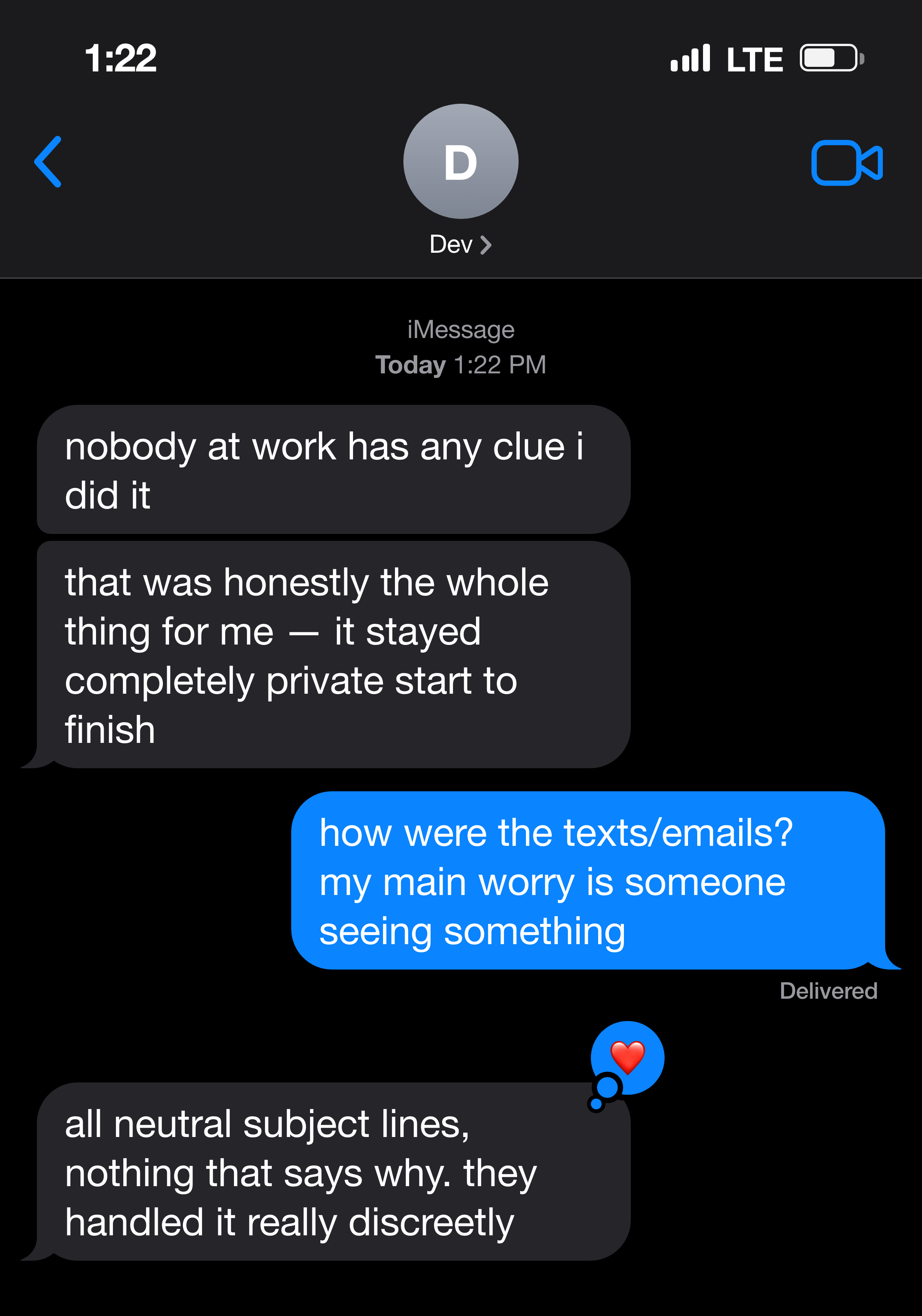 Text message about the whole thing staying completely private