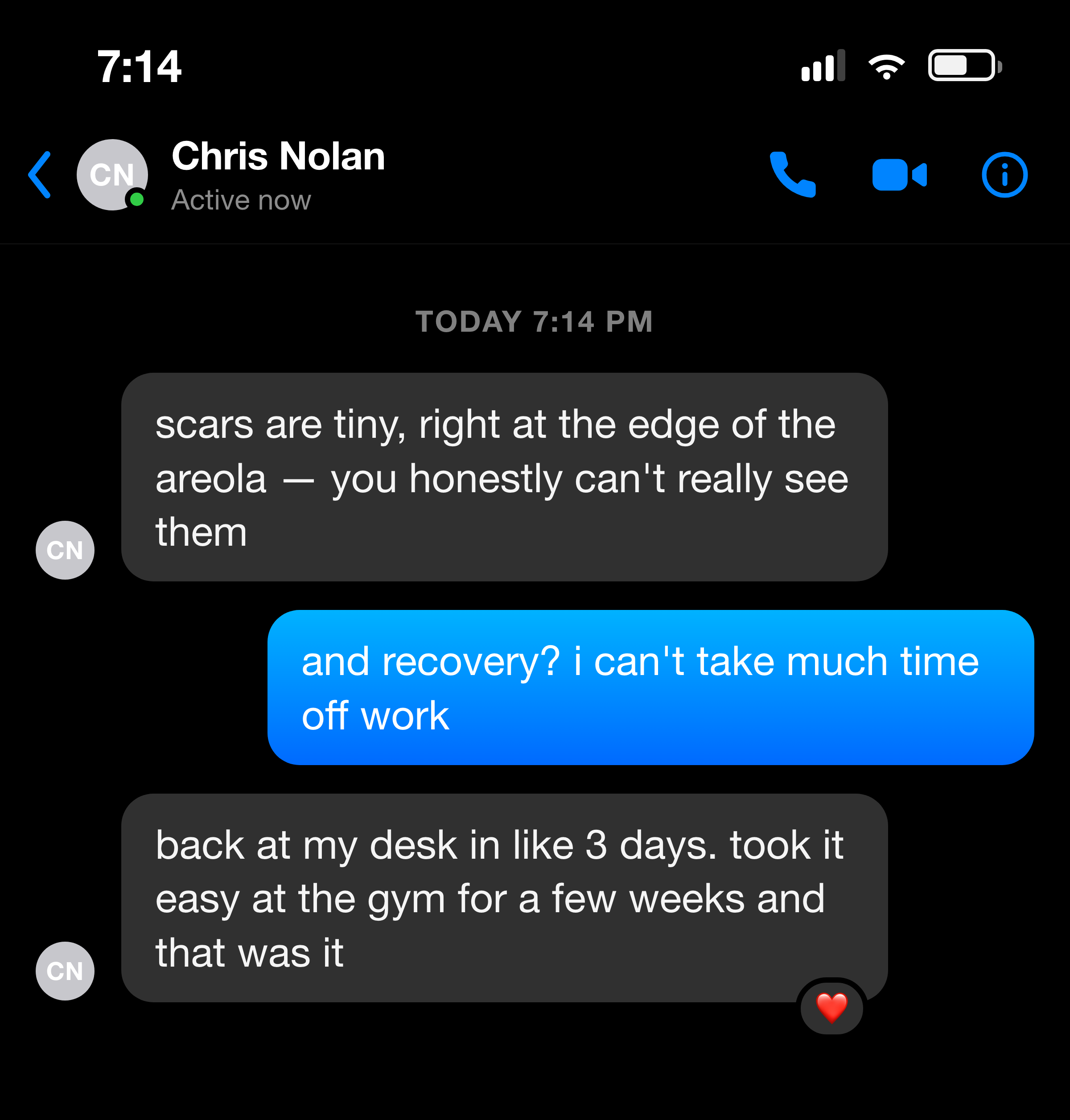 Messenger note about small hidden scars and a quick return to work