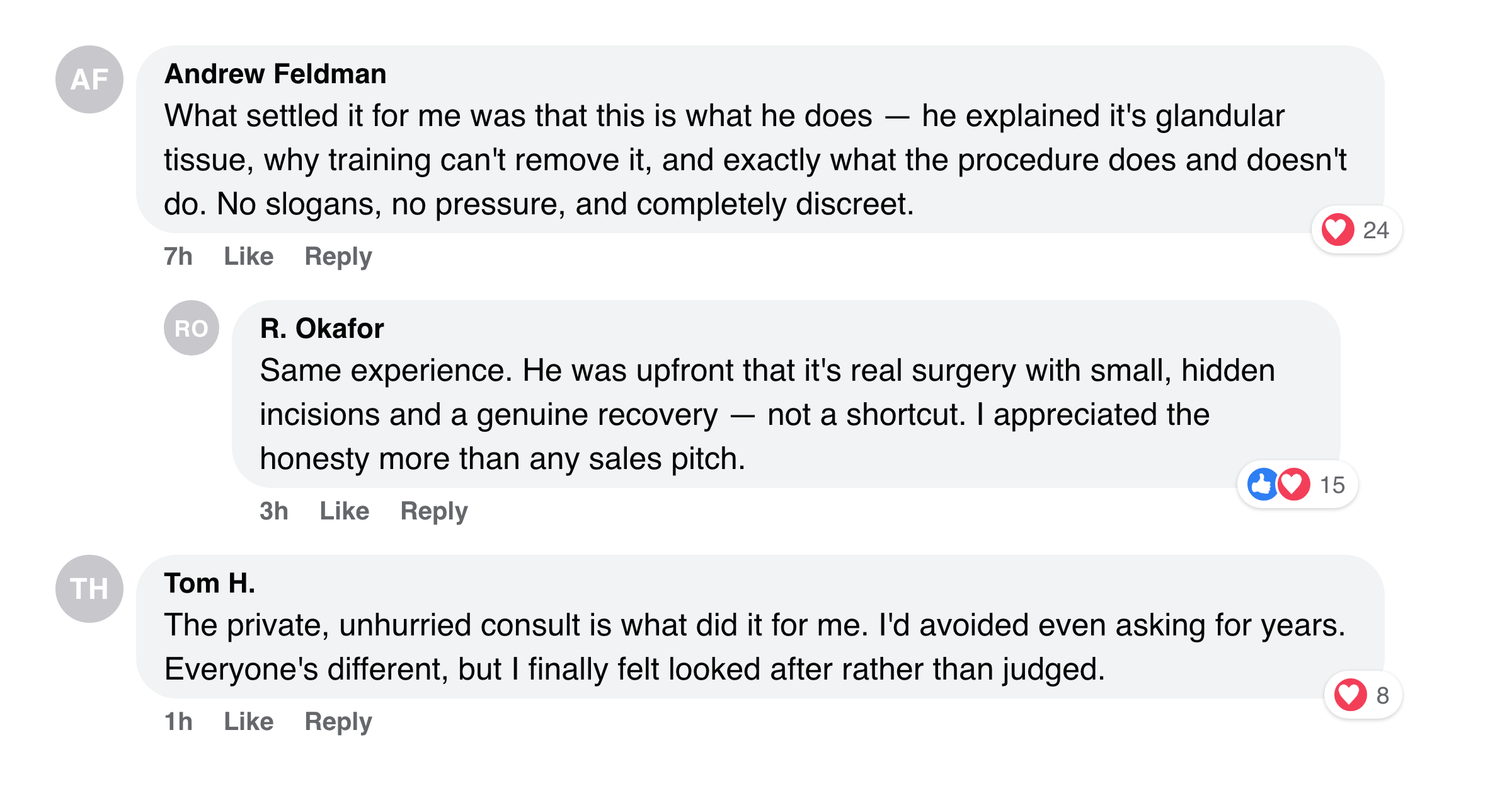 Facebook comments from men about choosing a specialist and the honesty about it being real surgery