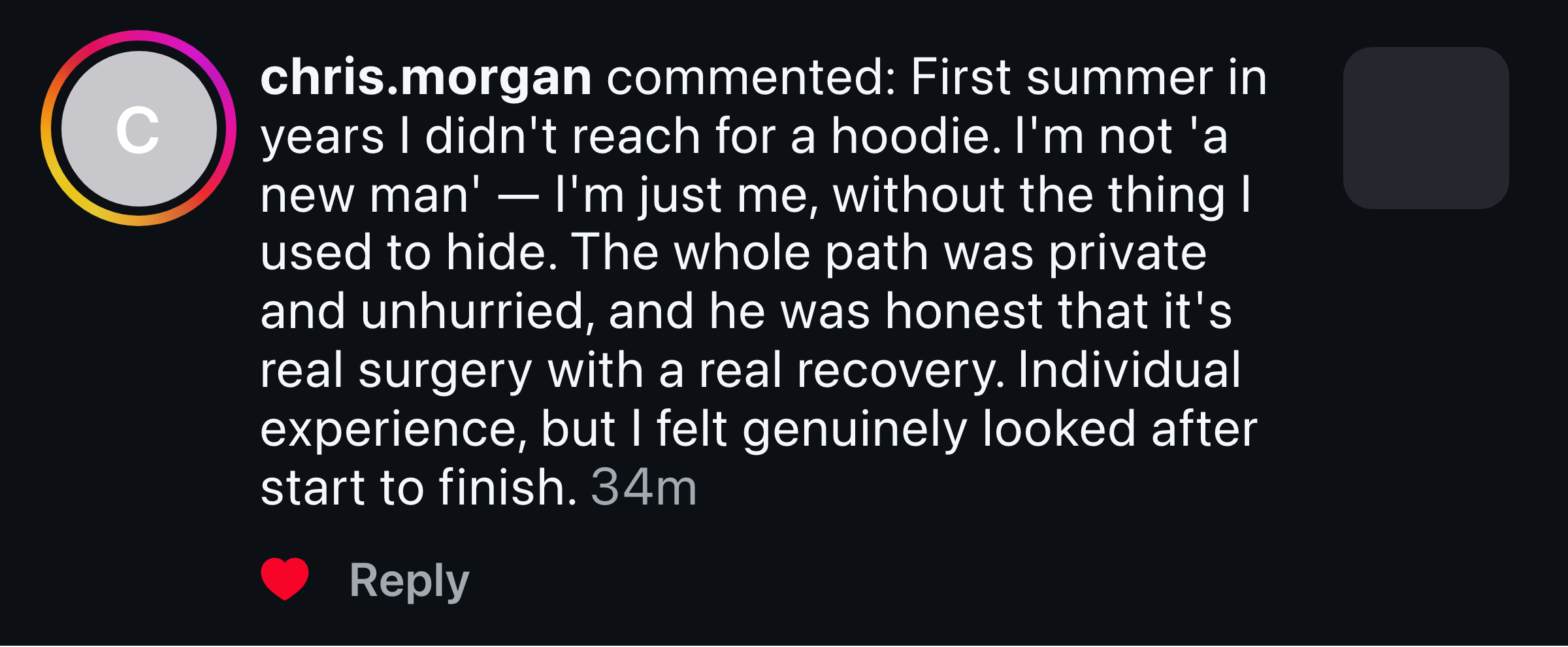 Instagram comment from a man about no longer reaching for a hoodie in summer