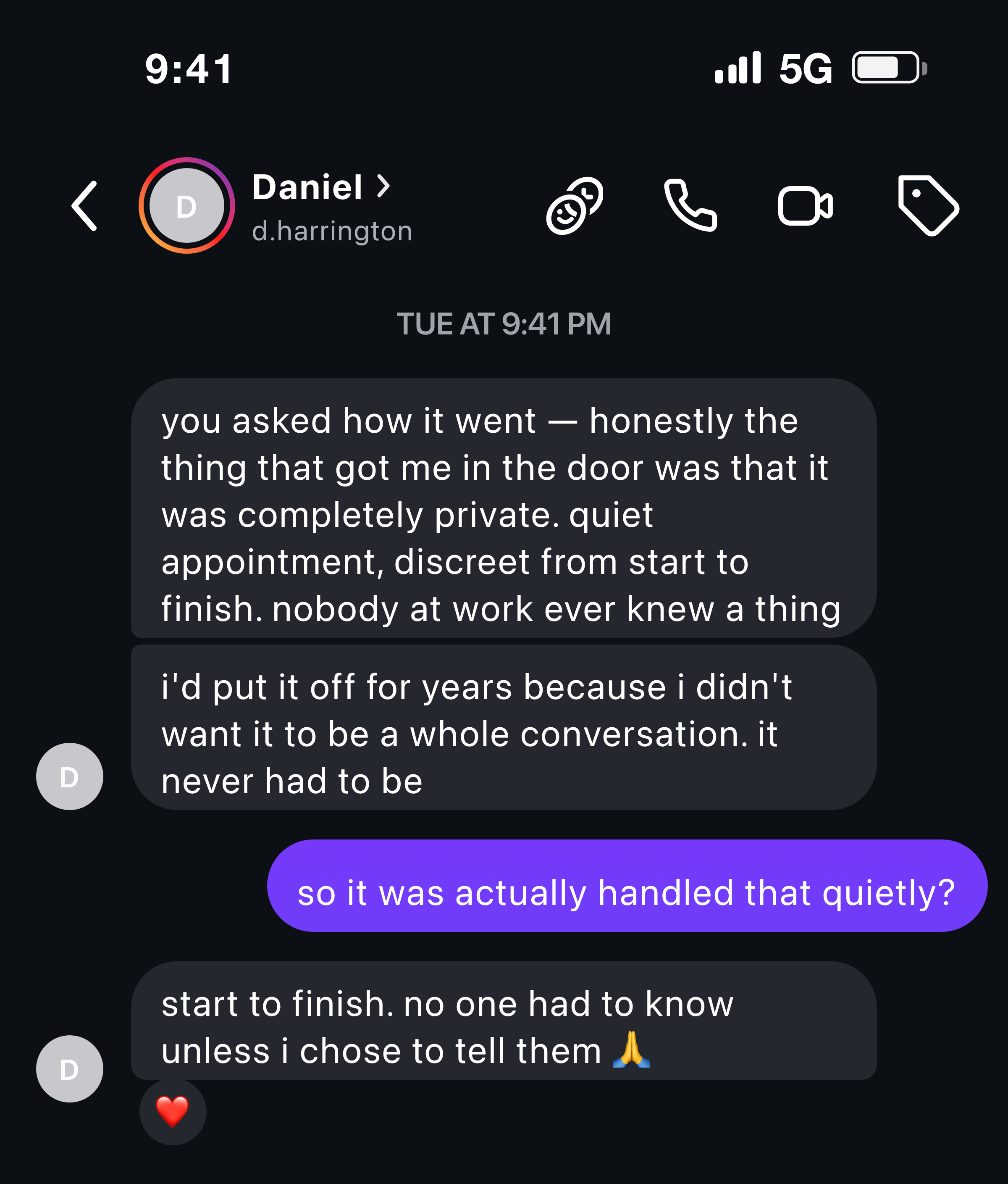 Instagram message from a man about how private and discreet the whole process was