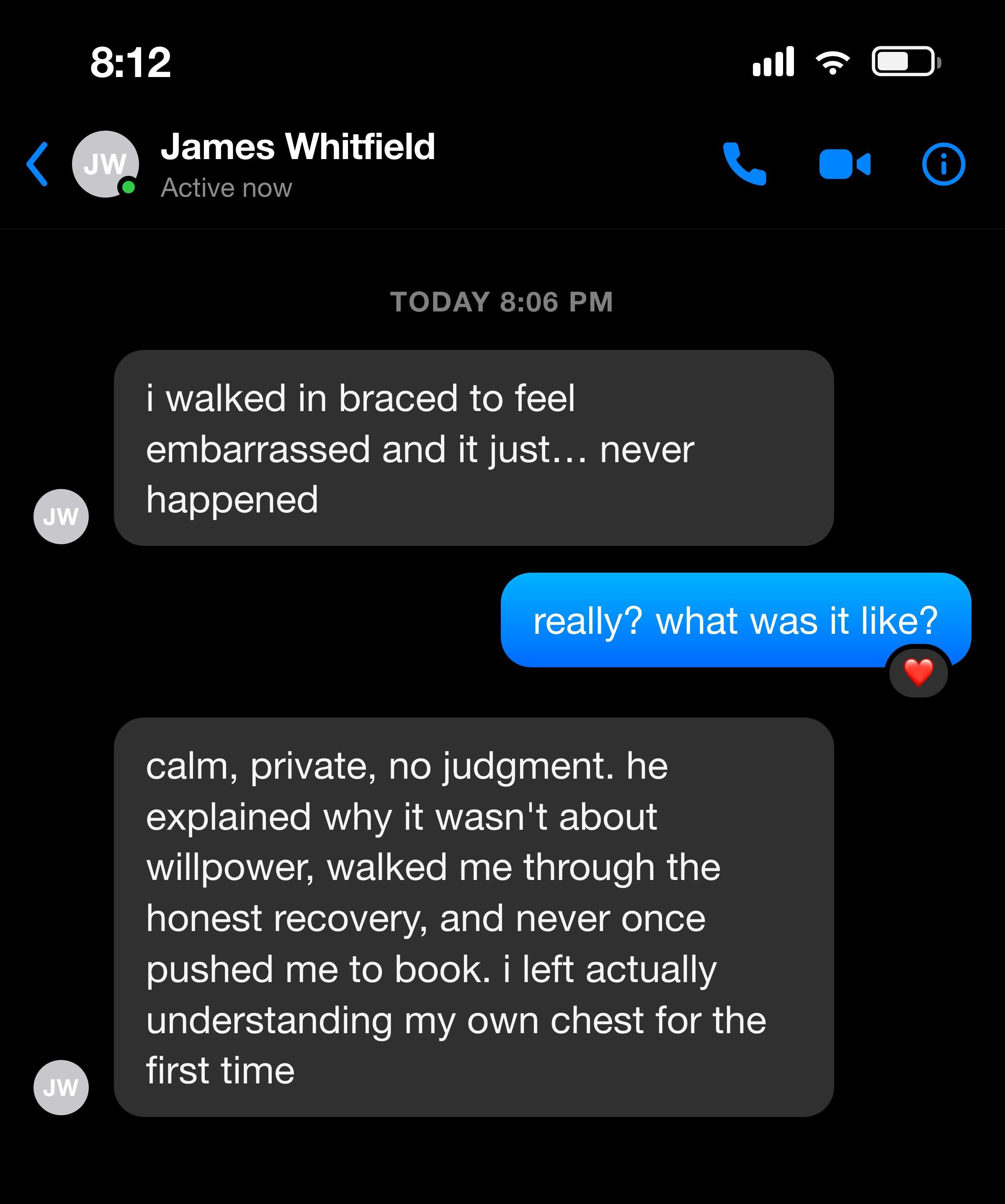 Messenger note from a man who felt heard and judgment-free at the consultation