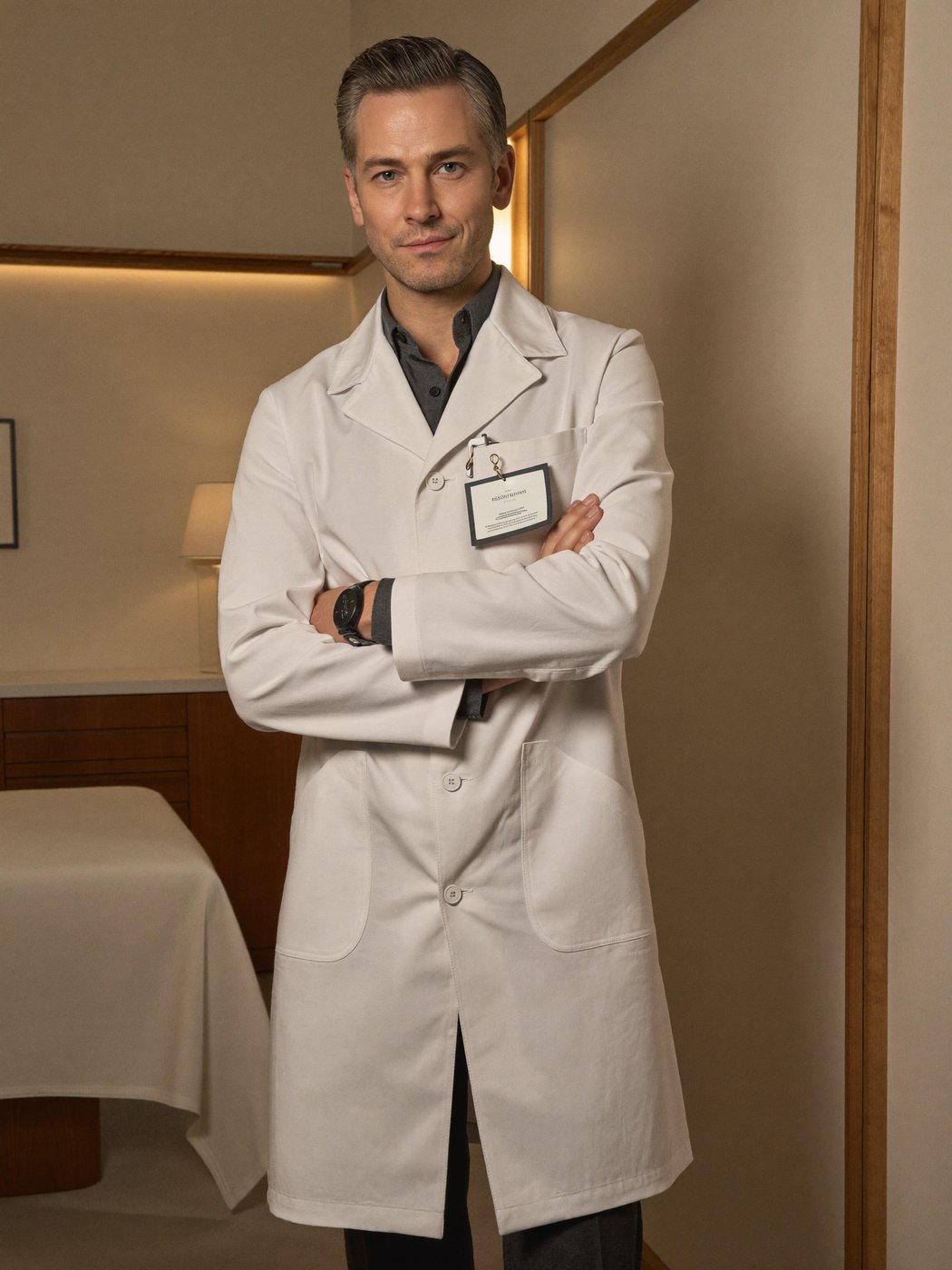 Dr. Julien Marchand, double board-certified surgeon, in a refined consultation suite